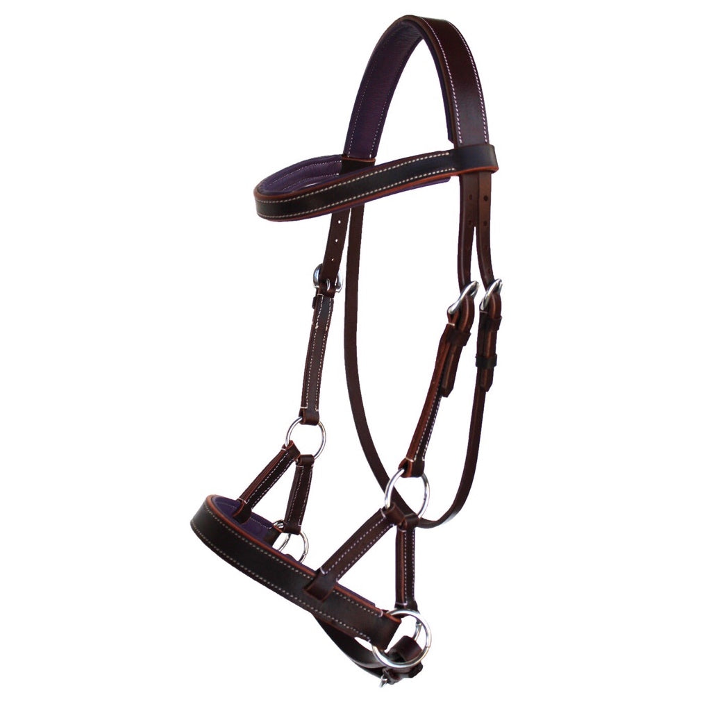Professional Equine Sidepull Bridle with Colored Padding - Medium Brown/Purple