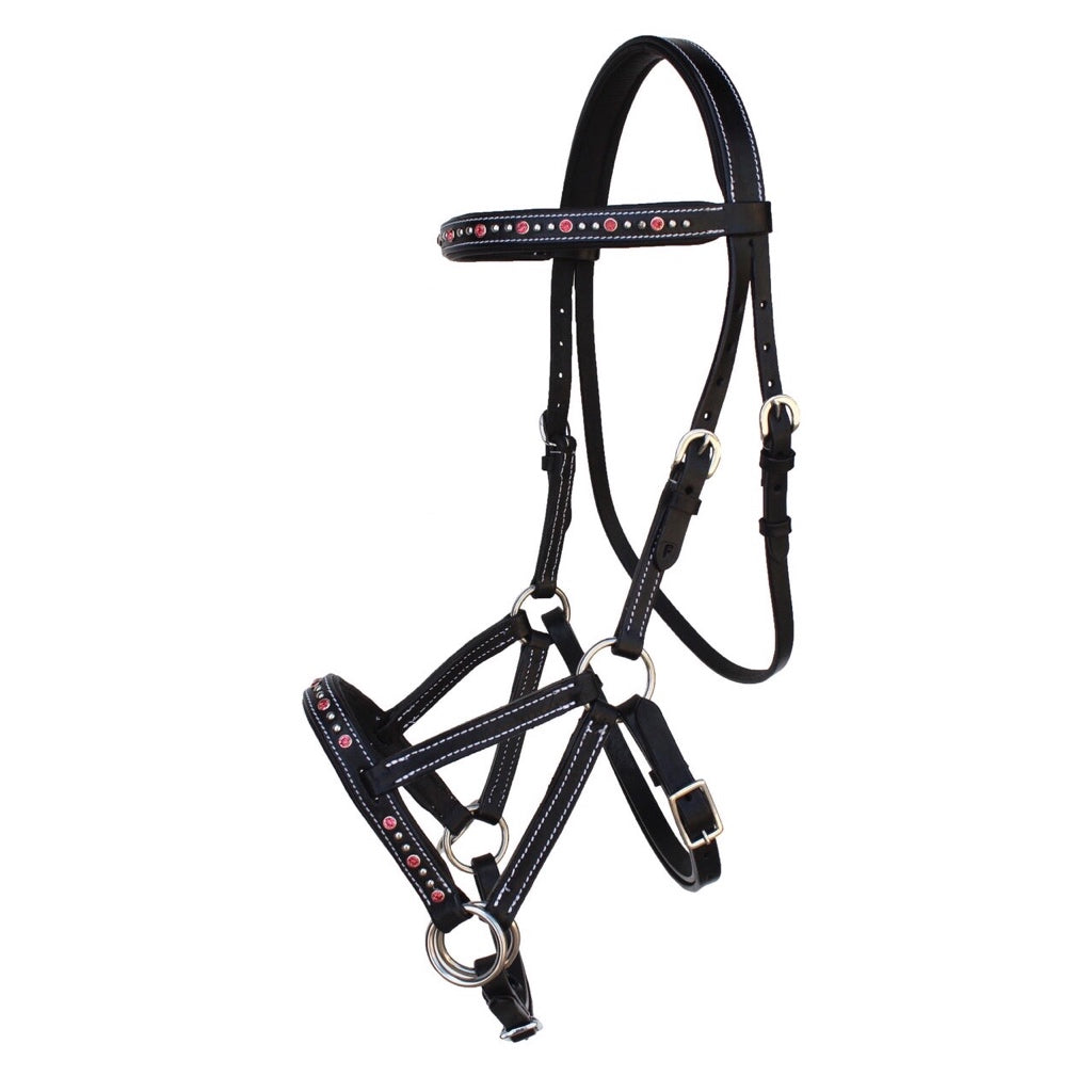 Professional Equine Rhinestone Studded Sidepull Bridle - Black/Pink