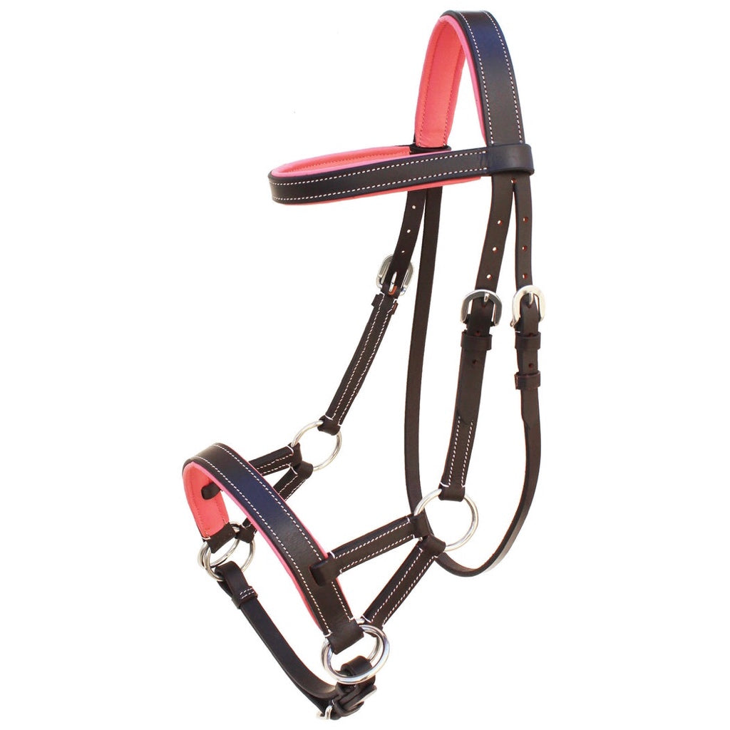 Professional Equine Sidepull Bridle with Colored Padding - Medium Brown/Pink