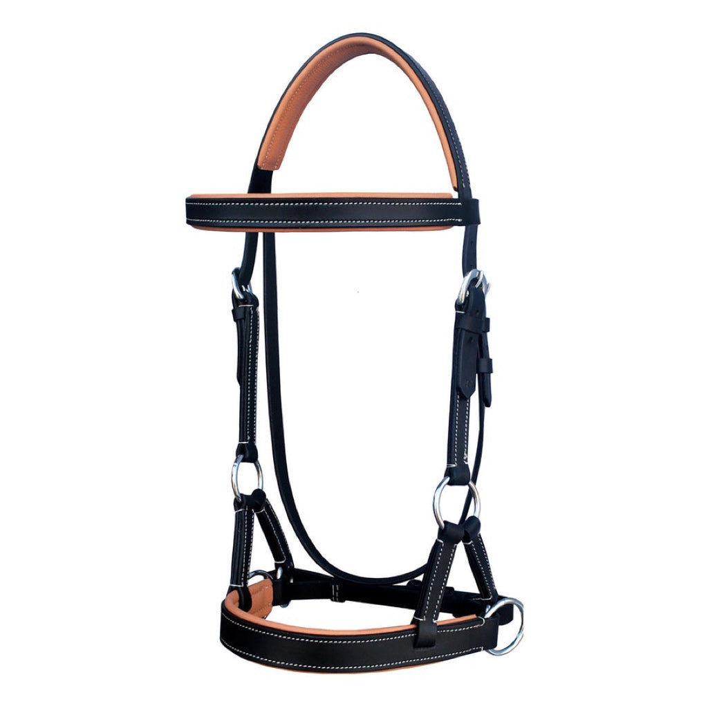 Professional Equine Sidepull Bridle with Colored Padding - Black/Tan
