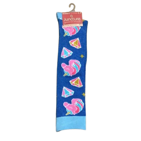 Juncture Ladies Fashion Knee High Socks - Diamonds & Unicorns