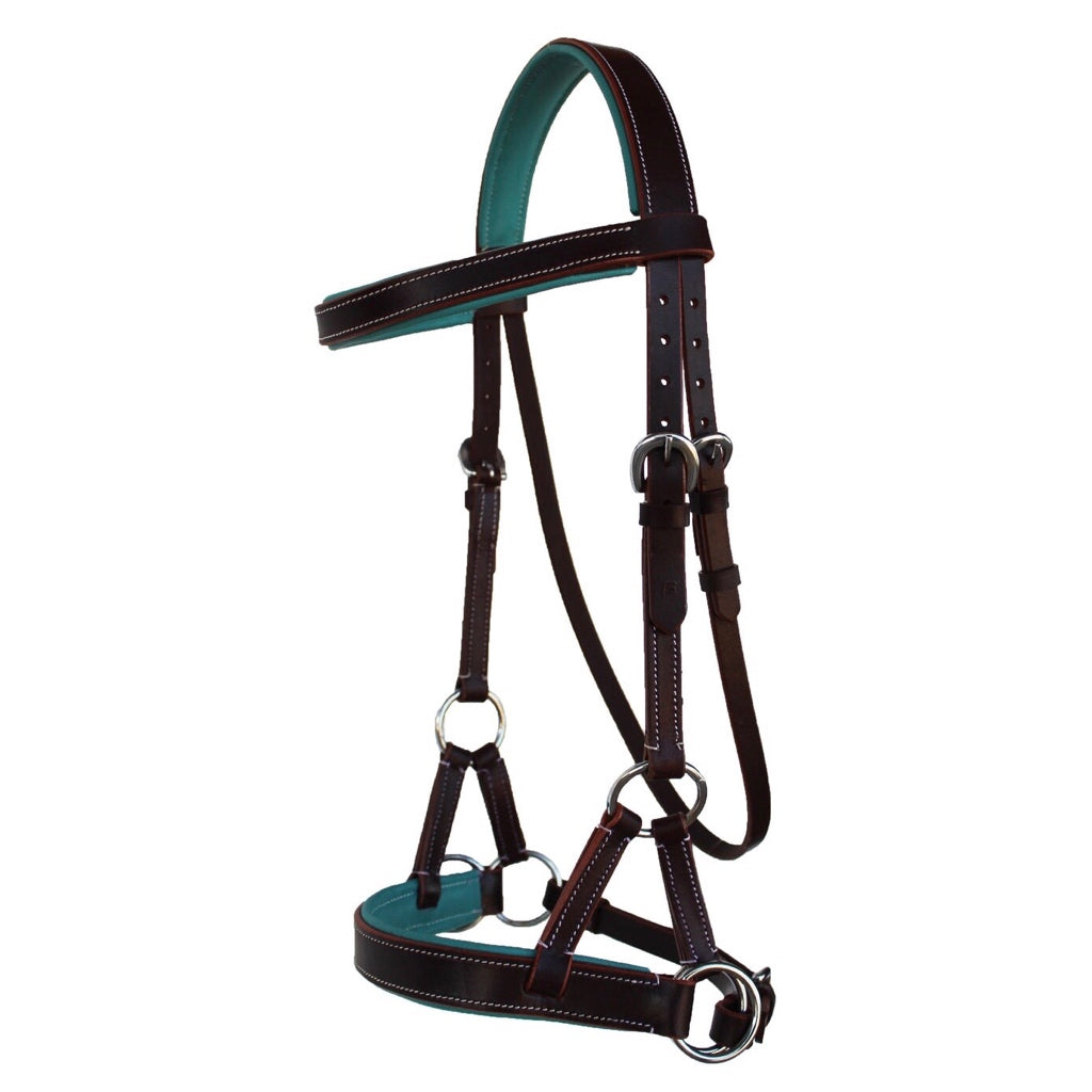 Professional Equine Sidepull Bridle with Colored Padding - Medium Brown/Teal