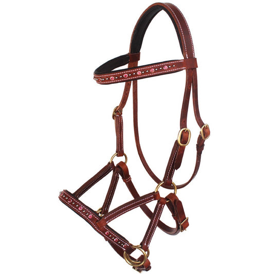 Professional Equine Rhinestone Studded Sidepull Bridle - Light Brown/Pink