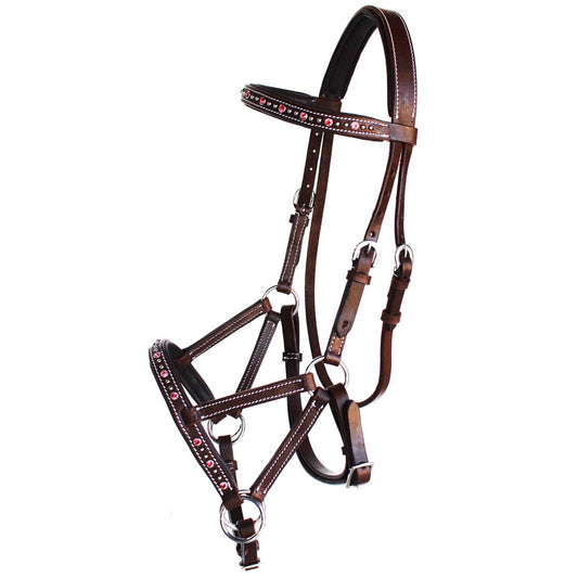 Professional Equine Rhinestone Studded Sidepull Bridle - Brown/Pink