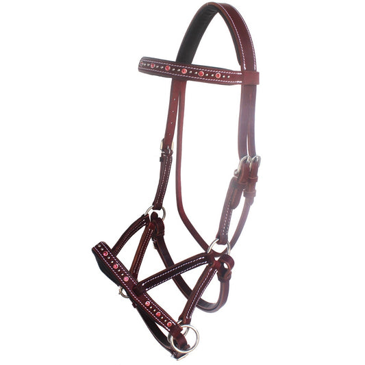 Professional Equine Rhinestone Studded Sidepull Bridle - Medium Brown/Pink
