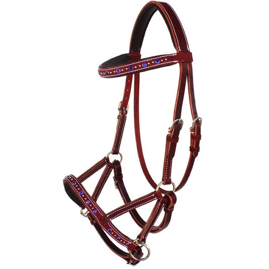 Professional Equine Rhinestone Studded Sidepull Bridle - Medium Brown/Royal Blue